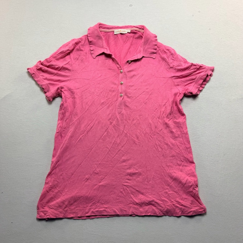 Tory Burch Polo Shirt Women Large Pink Good Short Sleeve Pique Knit Button Top